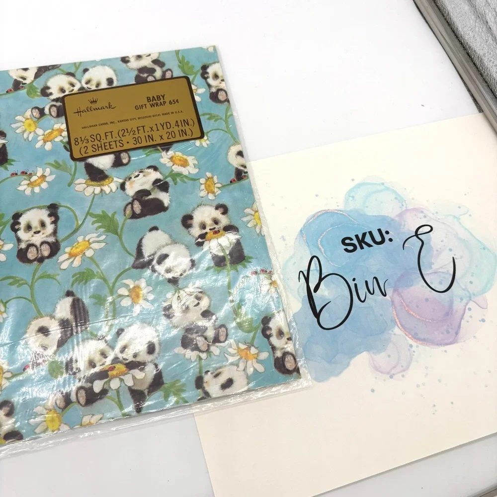 VTG Hallmark Mid‎ Century Flowers Playful Panda Gift Wrap Paper Full Sheet